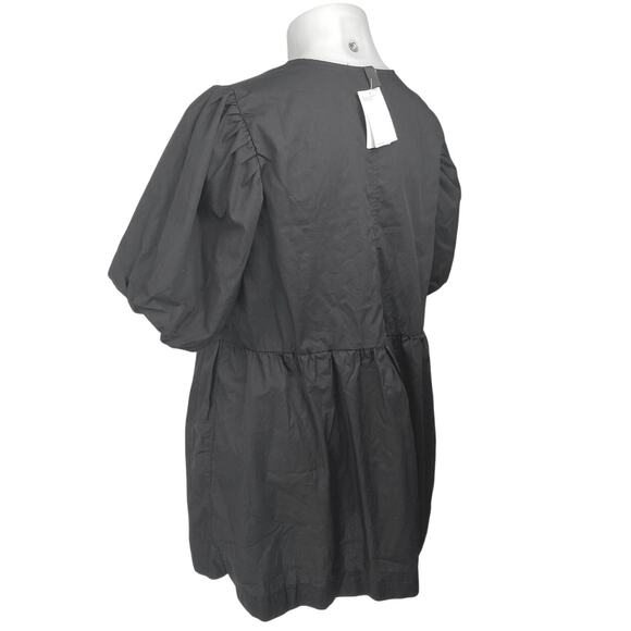 NEW H&M Black Short Puff Sleeve Lace Up Crew Neck Mini A Line Dress Size XL - Picture 2 of 4